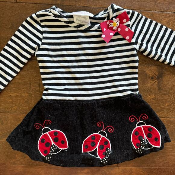 Bonnie Jean Baby Girls 18 Month Dress Black White Striped Ladybugs - Picture 2 of 5